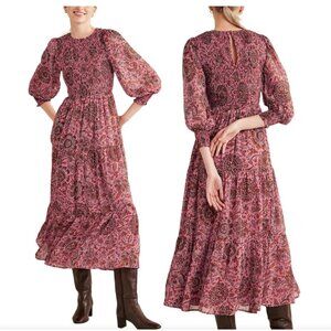 Boden Midi Dress Smocked Top Pink Gold Size 10